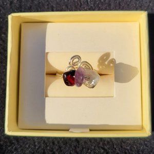 HandCrafted Gemstone Crystal Ring Silver Red Garnet Black Quartz Purple Amethyst